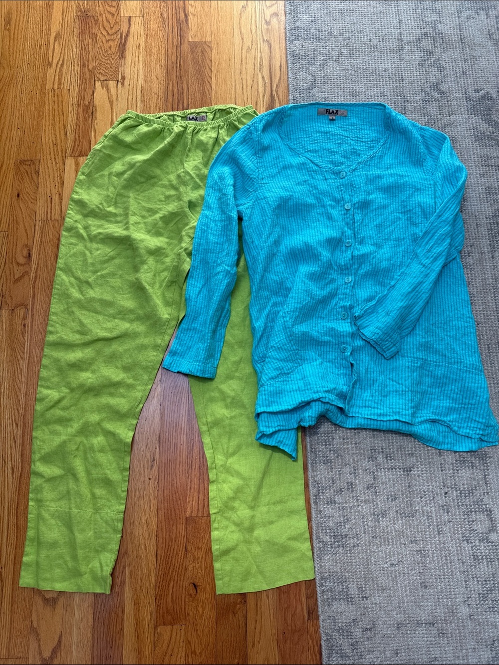 FLAX Outfit Bundle -Never Worn - Bright Blue Button-Front Top & Lime Green Pants